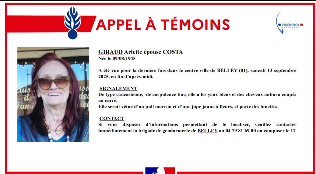 Disparition inquiétante à Belley : la communauté mobilisée pour retrouver Arlette Giraud